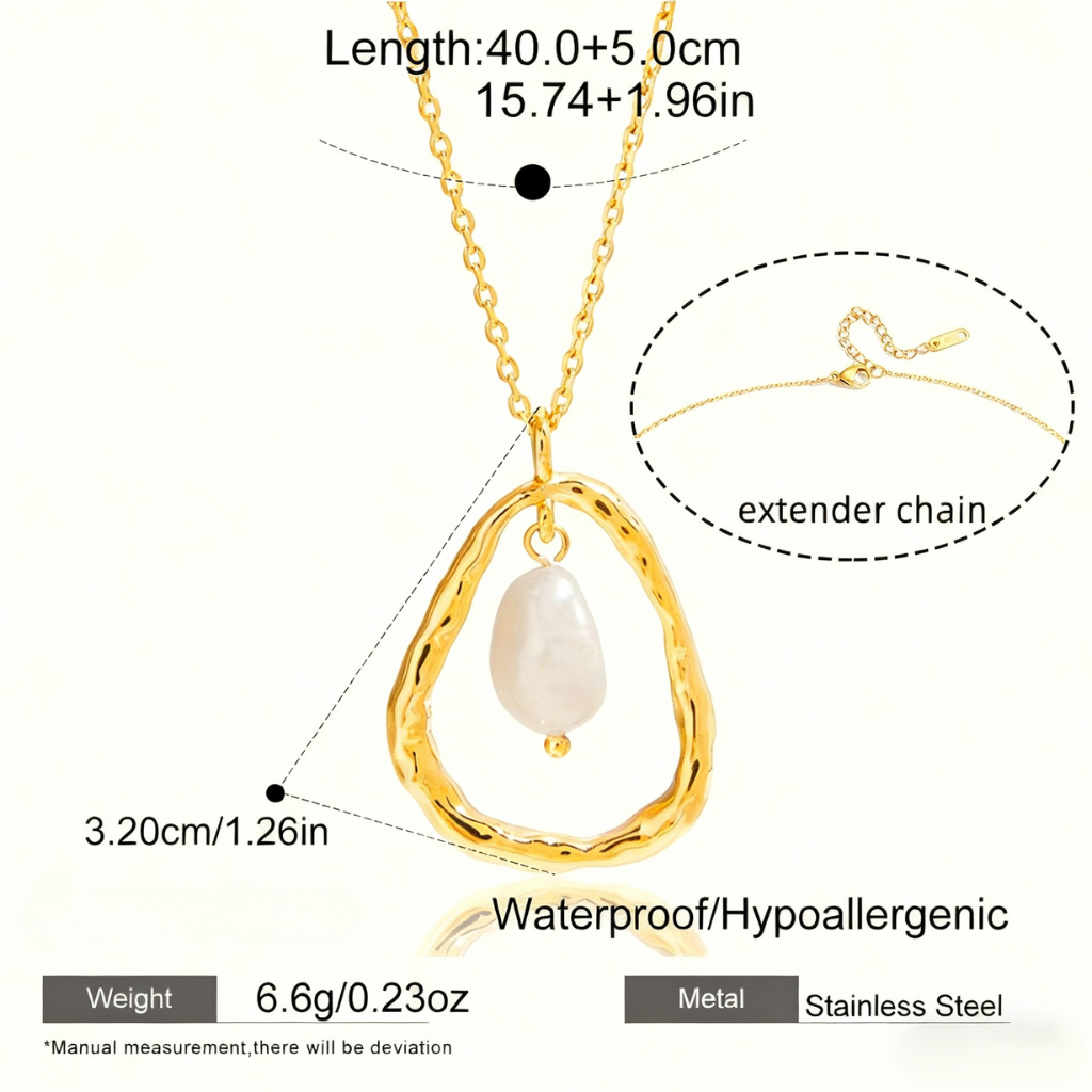 A close-up macro shot of the lustrous, white freshwater pearl, detailing its natural surface and the sleek bail connecting it to the chain.