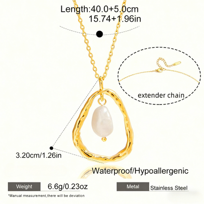 A close-up macro shot of the lustrous, white freshwater pearl, detailing its natural surface and the sleek bail connecting it to the chain.