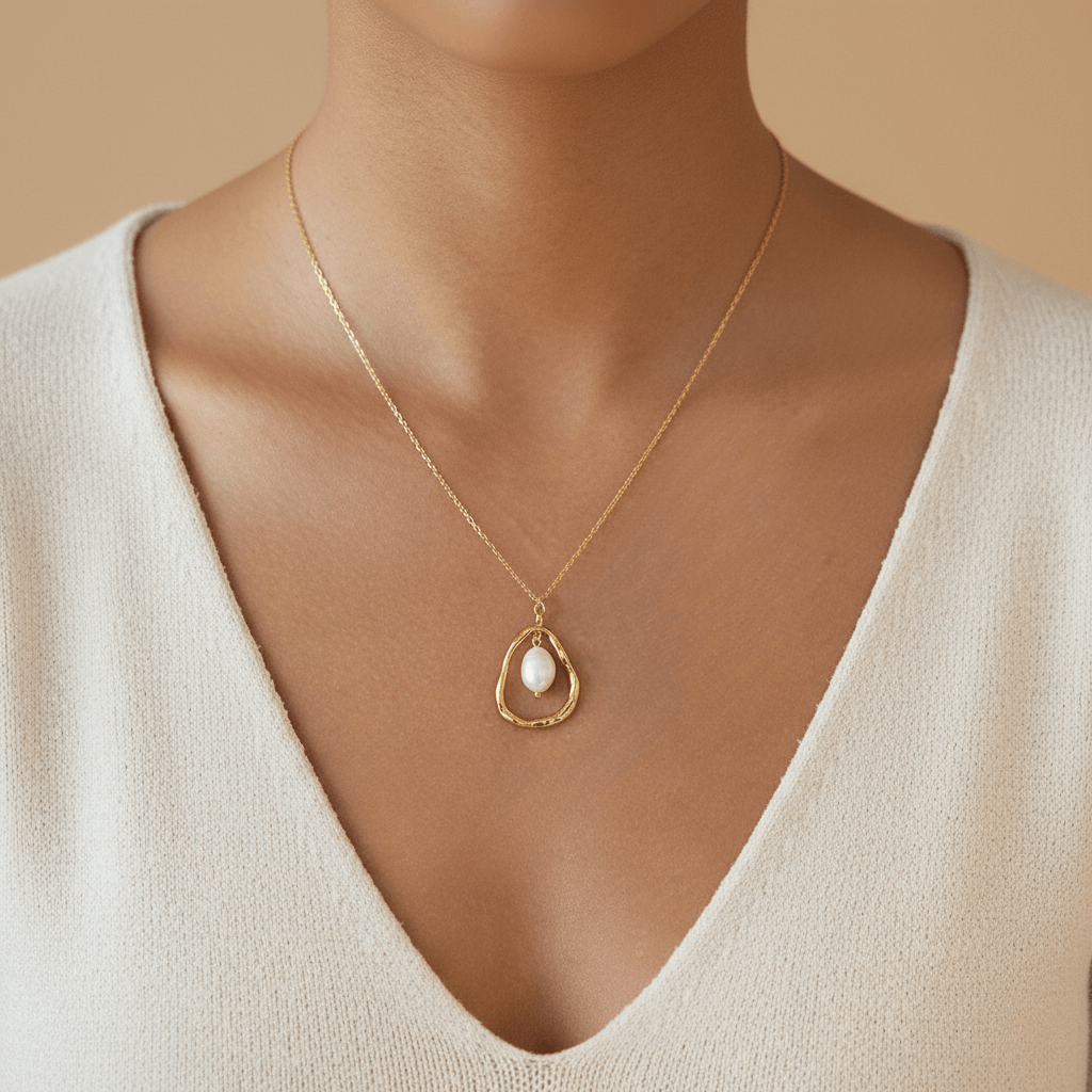 A model wearing a beige cashmere sweater with The Luna Pearl necklace resting on her collarbone, creating a look of quiet luxury and everyday elegance.
