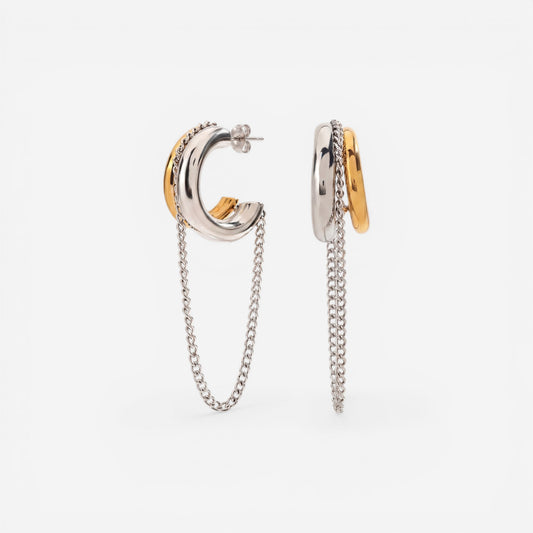 Mixed metal two-tone silver and gold C-hoop earrings with dangling chain drop.