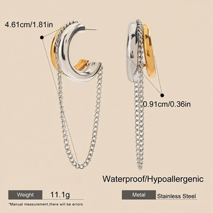 Luxe Layered Chain Hoops in two-tone gold and silver with a chunky C-shape and a dangling silver chain.