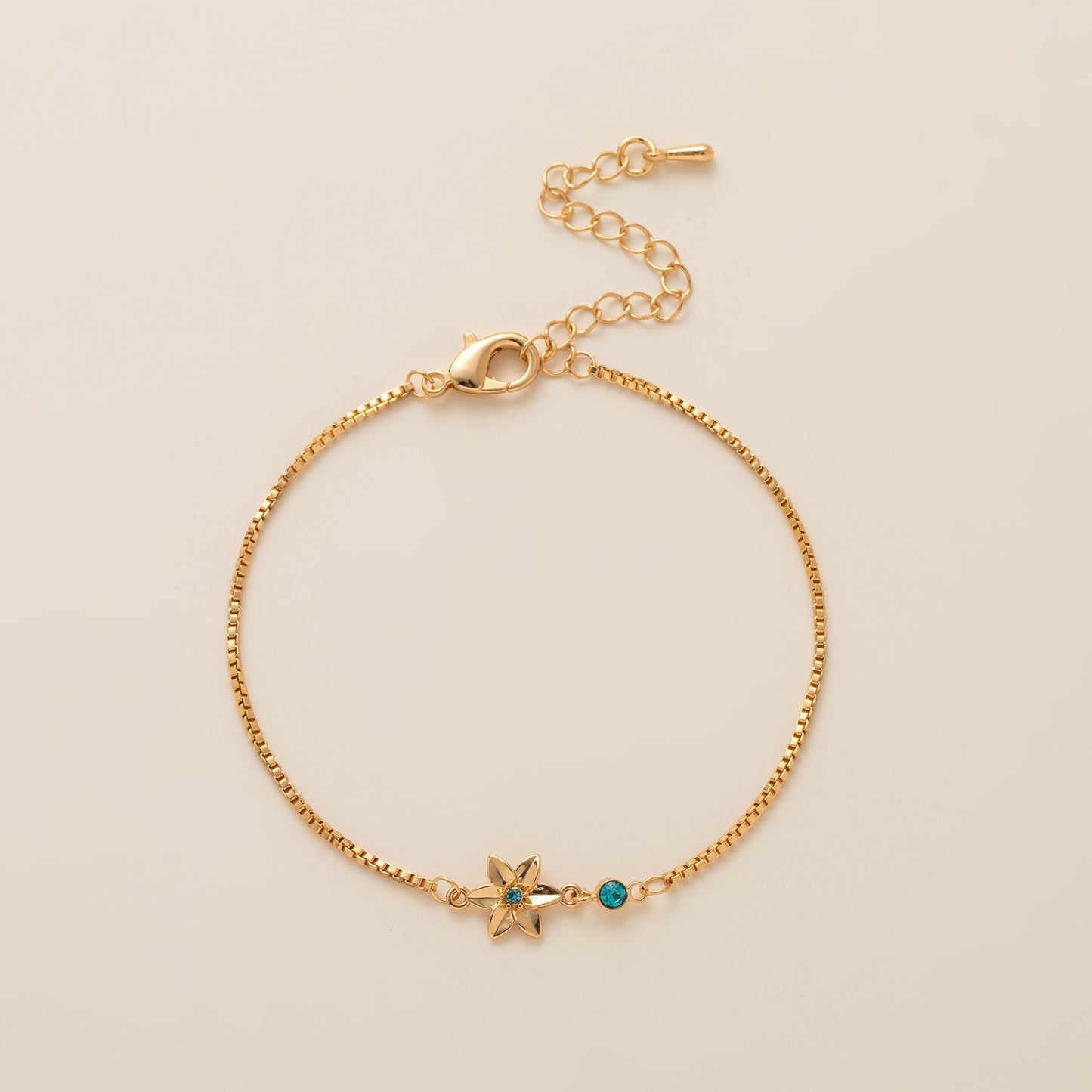 Birth Flower Bracelet | Dainty Gold Box Chain with Birthstone