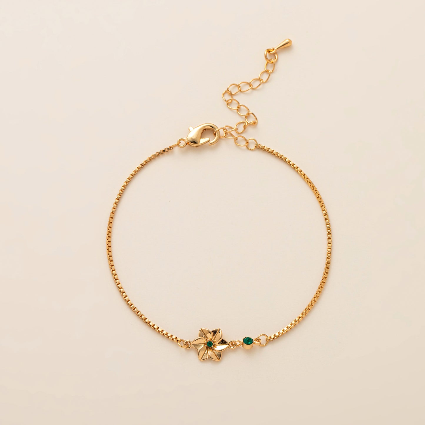 Birth Flower Bracelet | Dainty Gold Box Chain with Birthstone