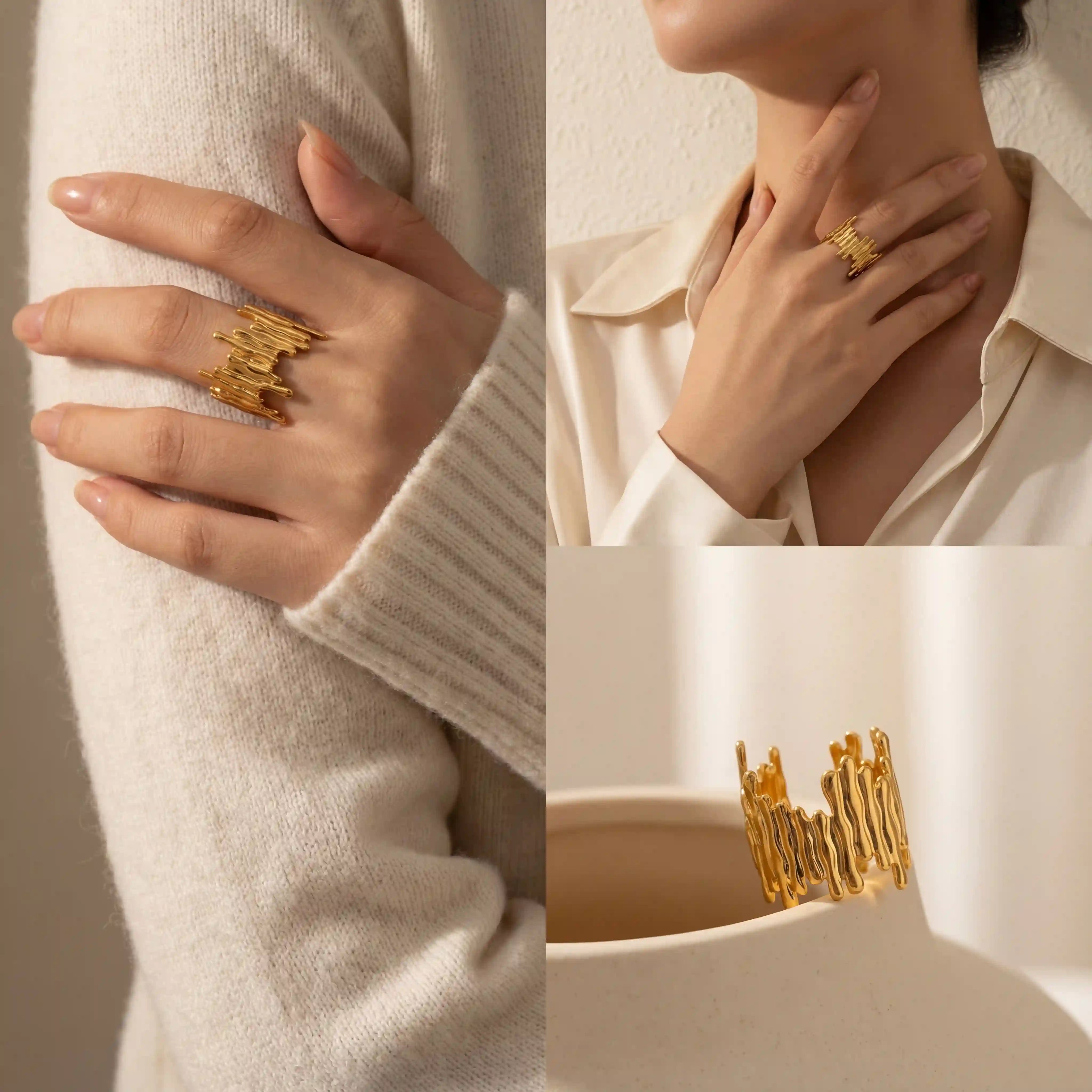Lifestyle collage of woman wearing unique gold textured ring with white shirt.