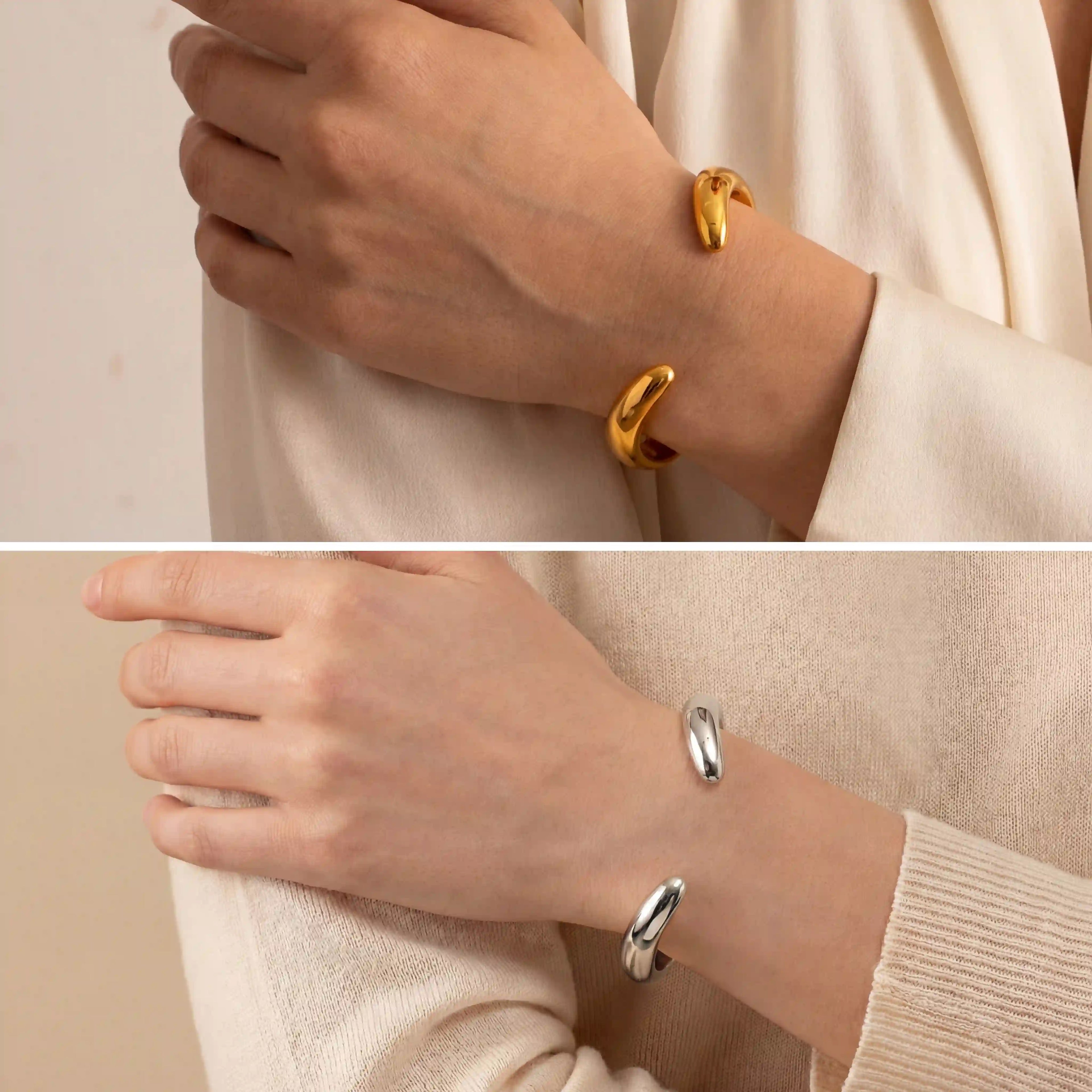Lifestyle photography of woman wearing organic silver wave bangle bracelet modern style.