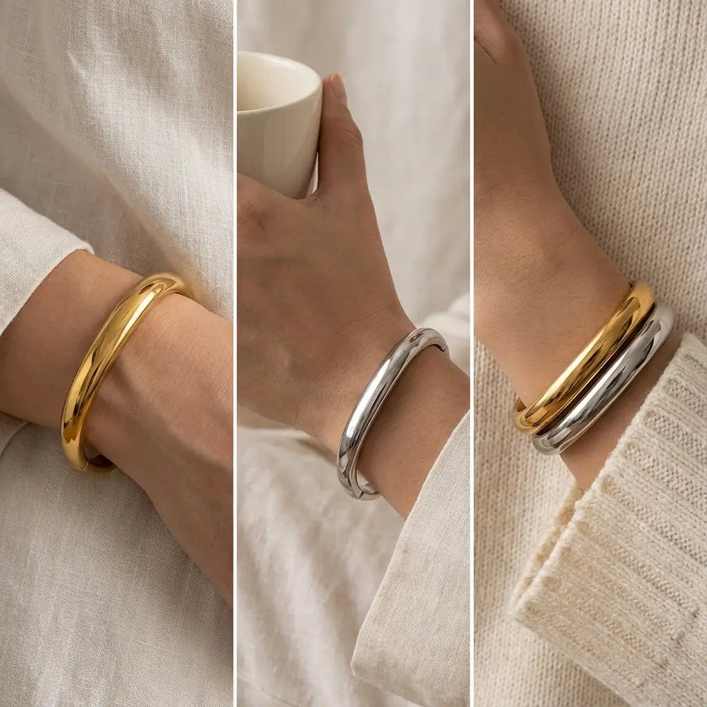 Fashion mood board of stacking gold and silver square cuffs with cozy sweater.