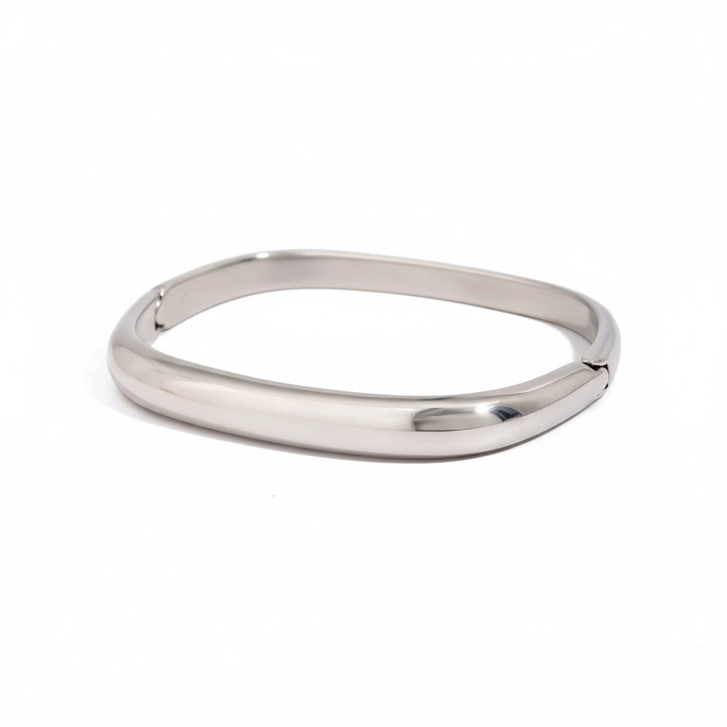 Silver stainless steel square hinge cuff bracelet anti-tarnish hypoallergenic.