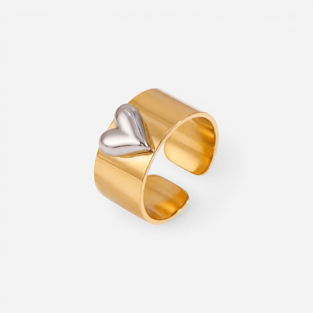 Gold cigar band ring with silver 3D puffed heart mixed metal jewelry.