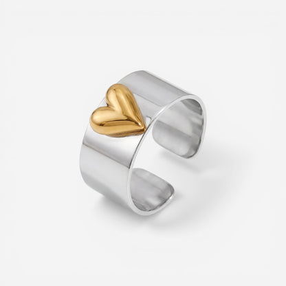 Silver wide band ring with gold 3D puffed heart two tone design.