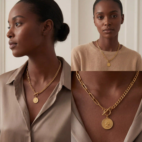 Model with dark skin wearing gold toggle necklace with coin pendant vintage style.