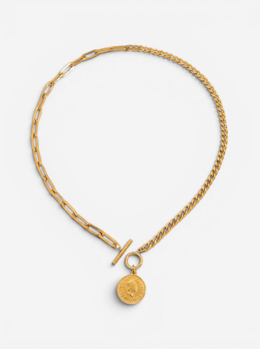 Waterproof gold toggle necklace with coin pendant and mixed paperclip chain