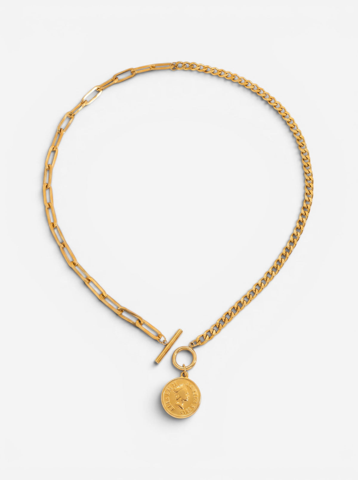 Waterproof gold toggle necklace with coin pendant and mixed paperclip chain