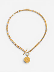 Gold mixed chain coin toggle necklace with round pendant and T-bar clasp