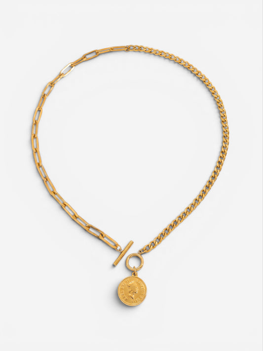 Gold mixed chain coin toggle necklace with round pendant and T-bar clasp