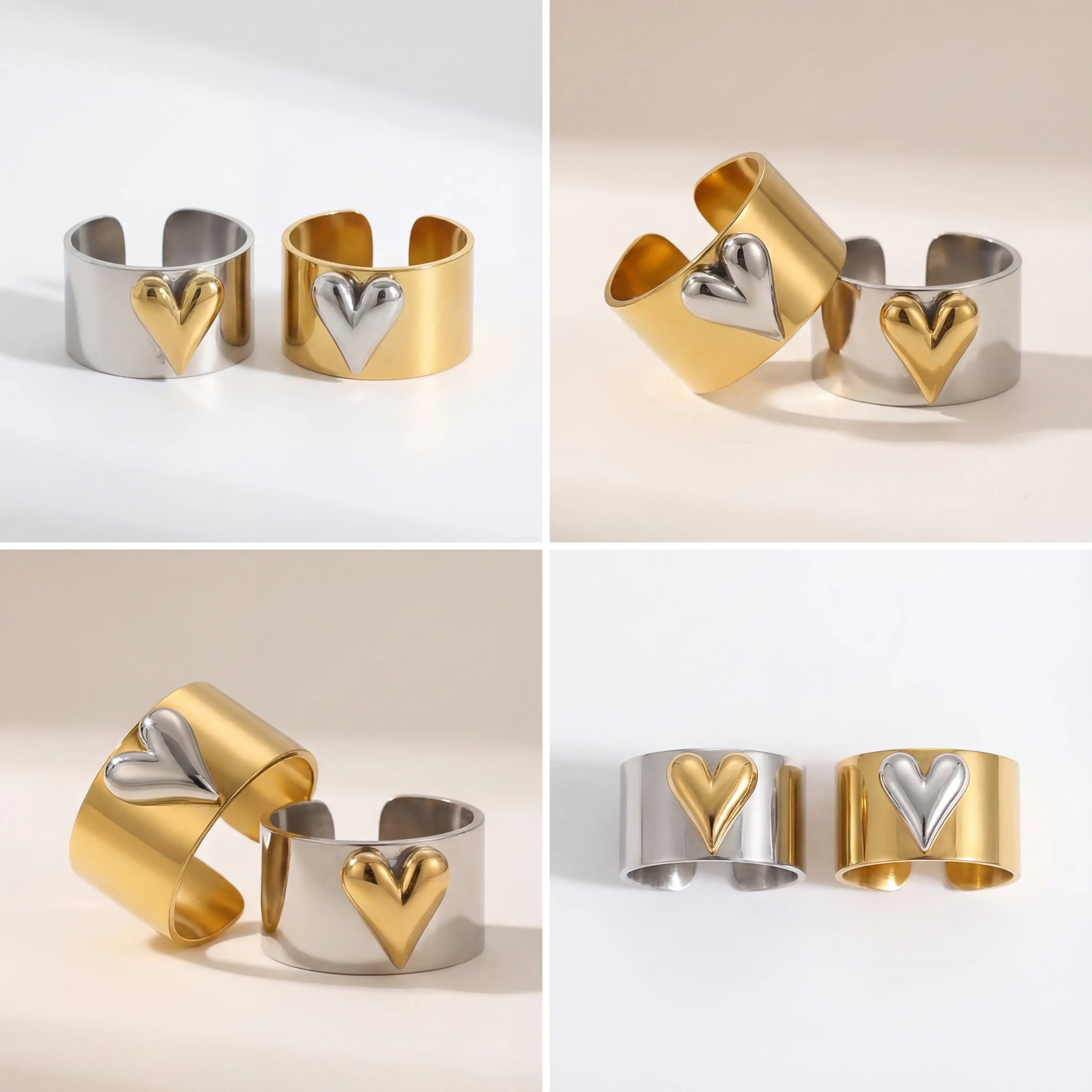 Aesthetic flat lay of matching mixed metal heart rings best friend jewelry set.