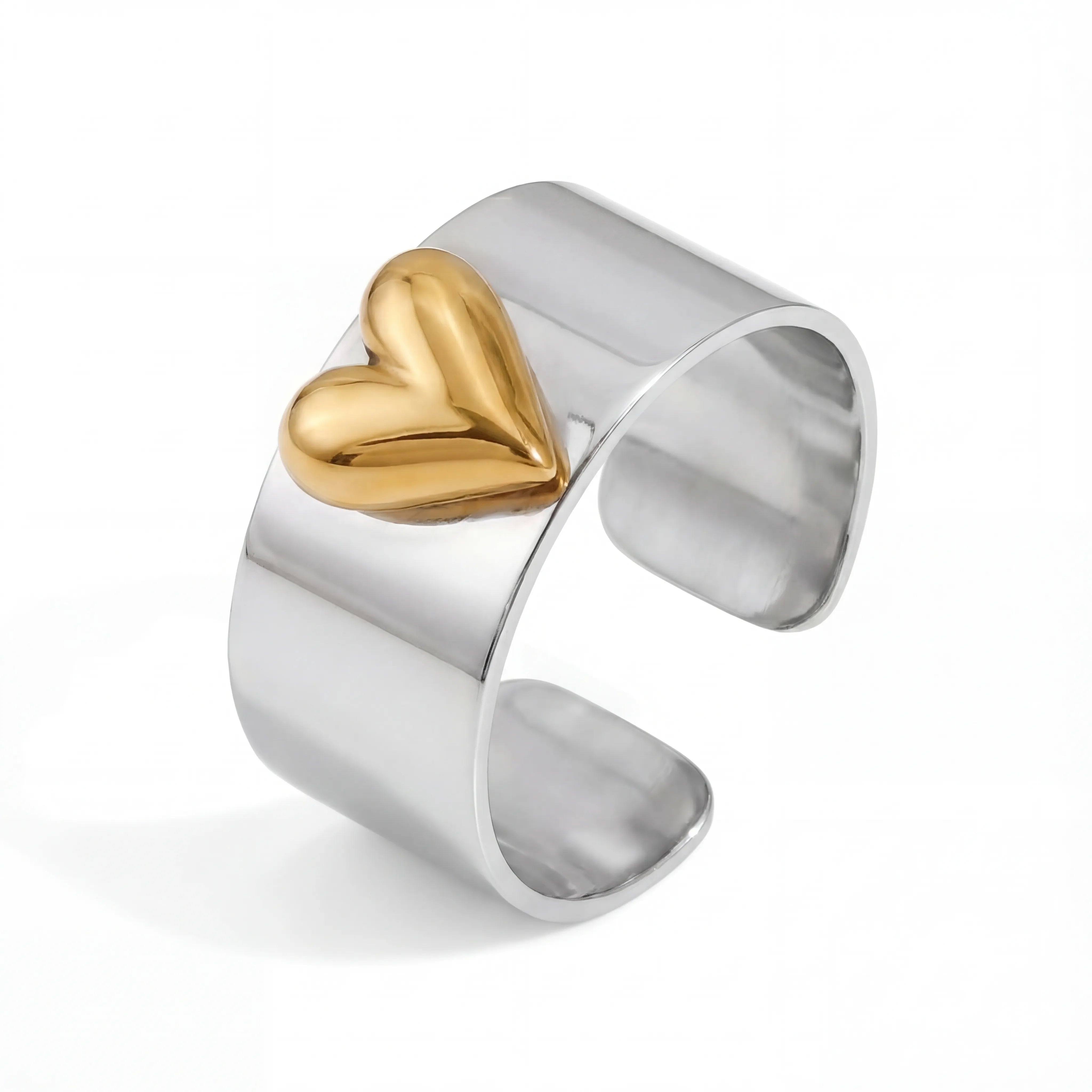 Silver wide band ring with gold 3D puffed heart two tone design.