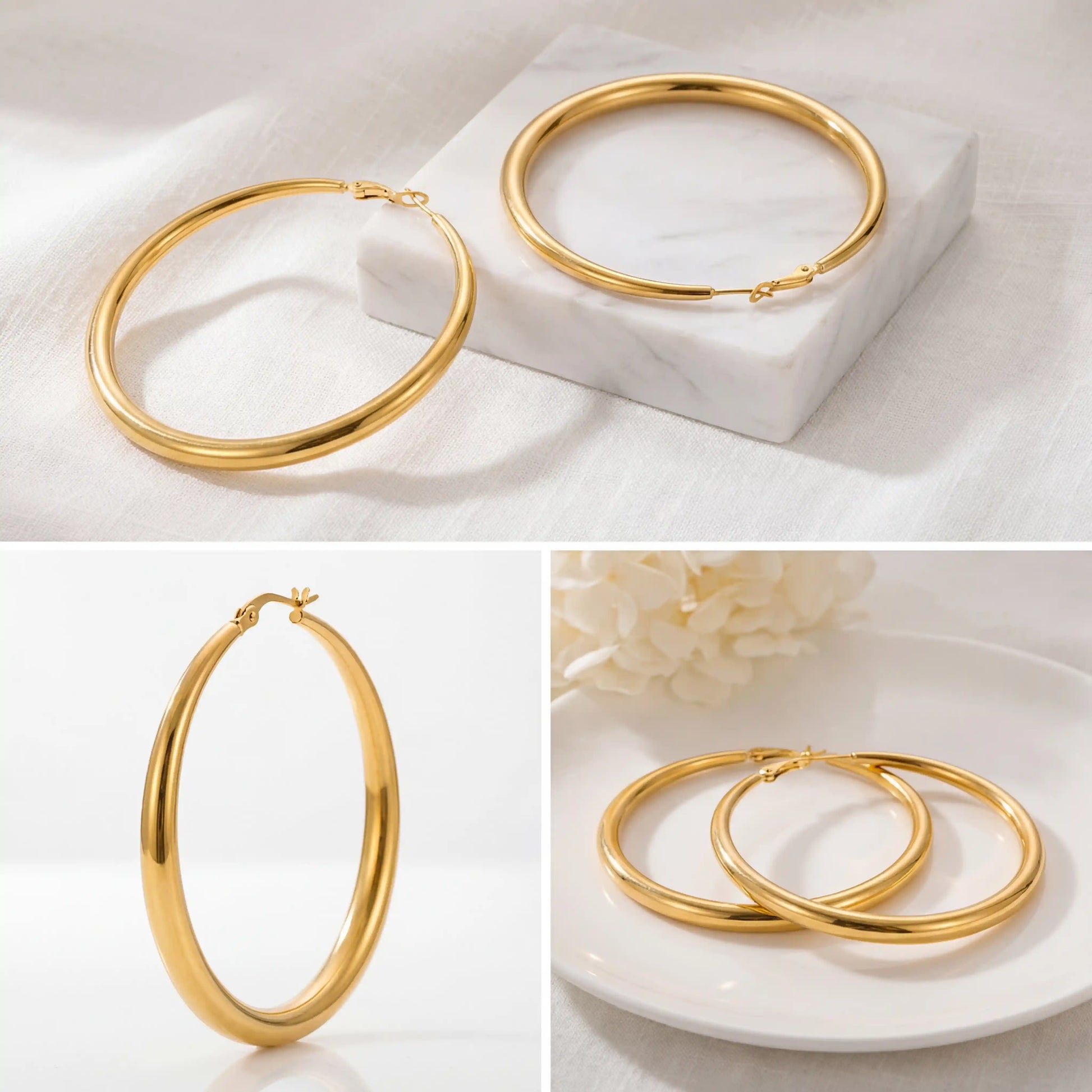 Aesthetic product photography collage of classic gold hoops in various sizes.
