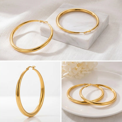 Aesthetic product photography collage of classic gold hoops in various sizes.