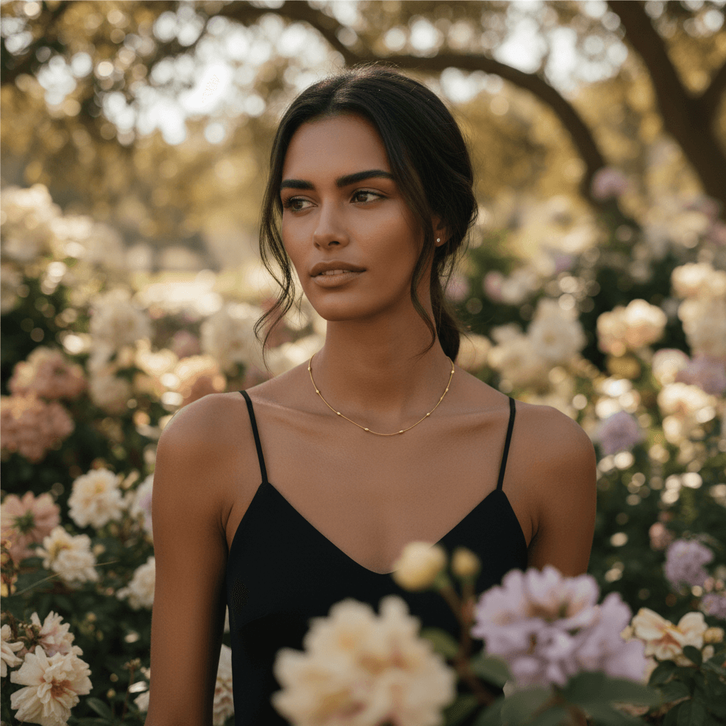 Close-up of a woman's neck wearing the Dainty Beaded Necklace solo with a black sweater, showcasing its delicate look.