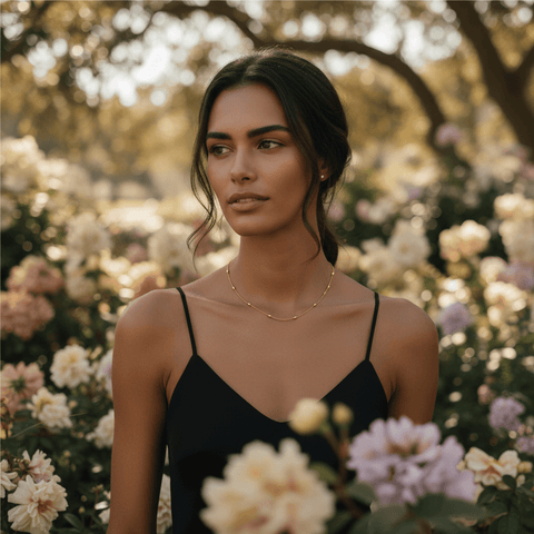 Close-up of a woman's neck wearing the Dainty Beaded Necklace solo with a black sweater, showcasing its delicate look.