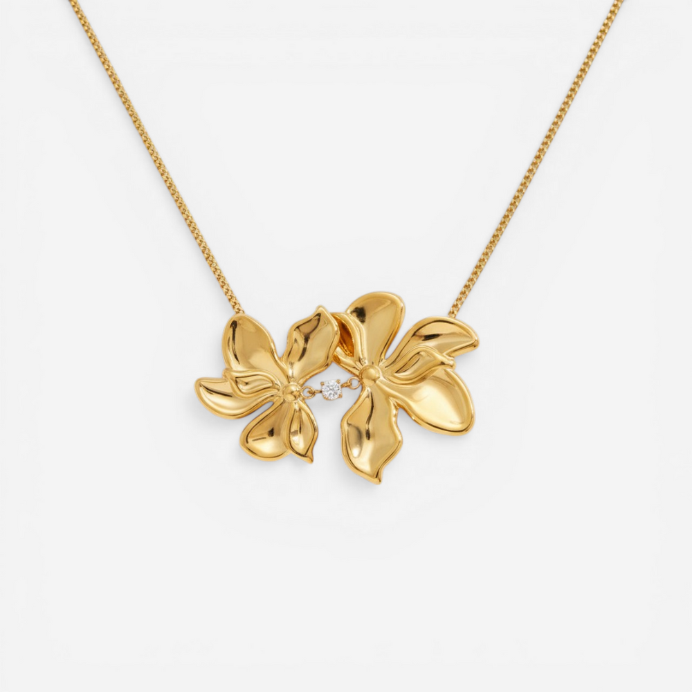 Gold double flower necklace with pearl accent waterproof stainless steel statement jewelry.