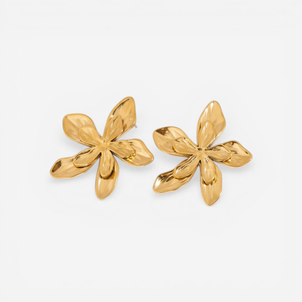 Pair of matte gold sculptural flower stud earrings waterproof stainless steel.