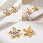 Aesthetic product photography collage of gold and two-tone O'Keeffe flower studs.