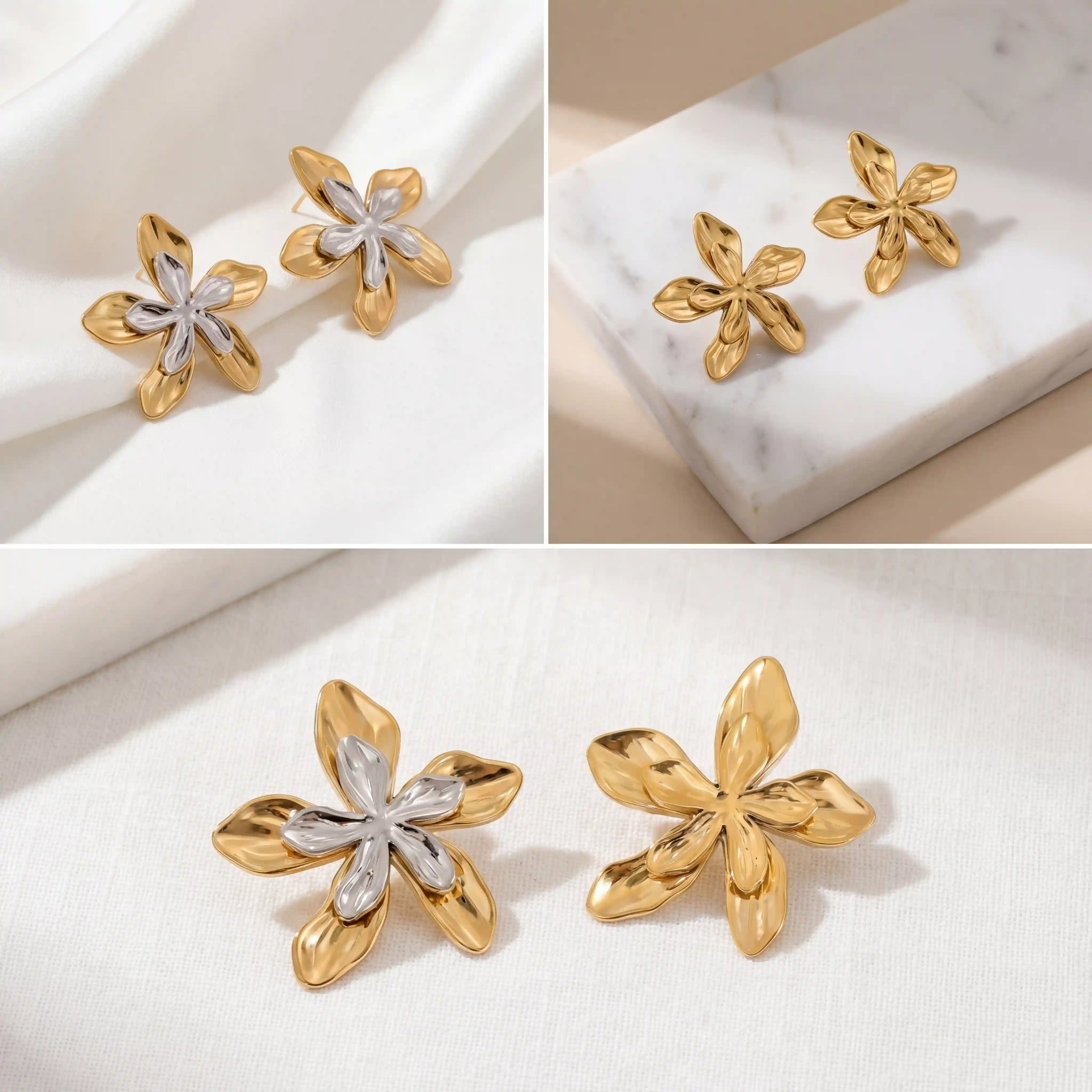 Aesthetic product photography collage of gold and two-tone O'Keeffe flower studs.
