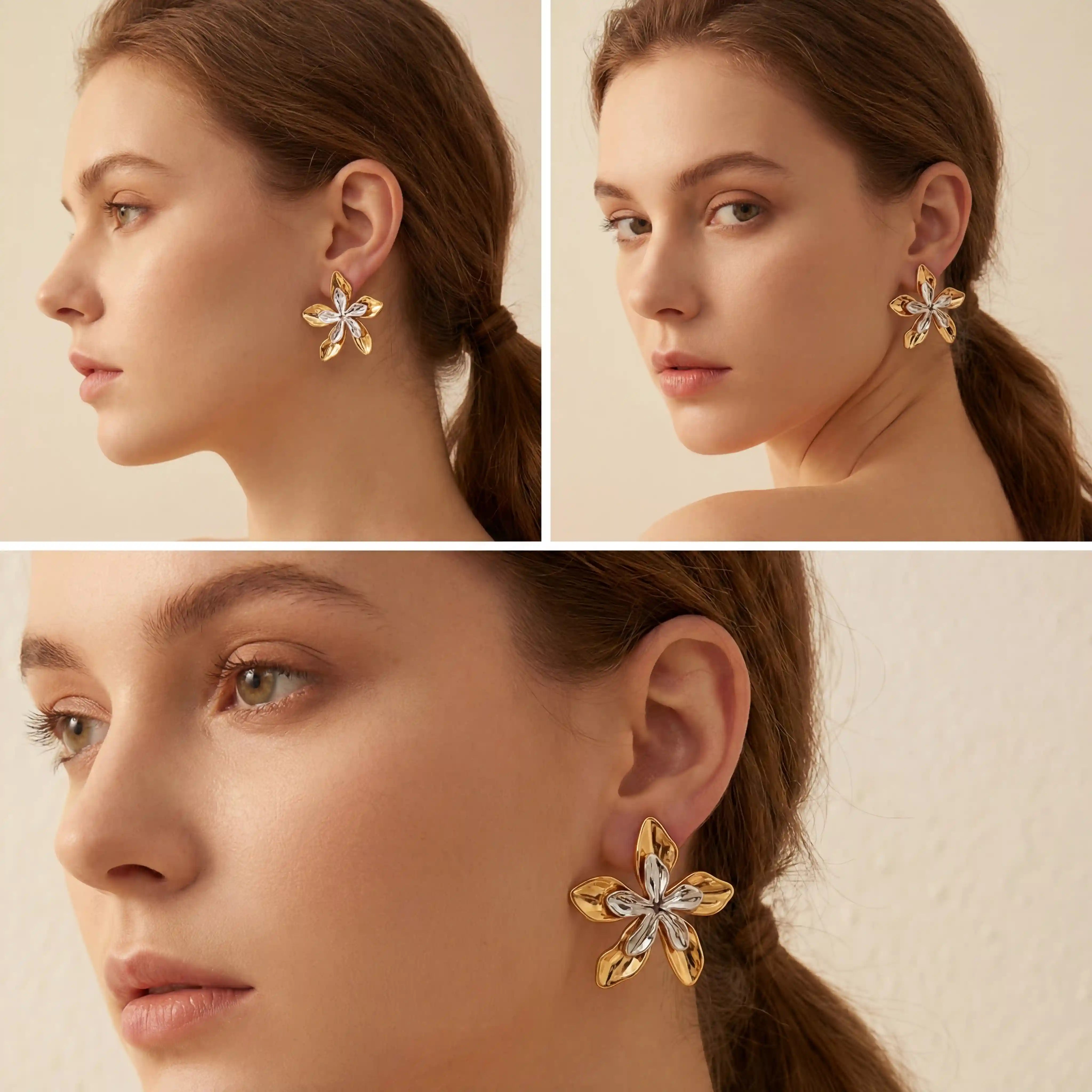 Lifestyle collage of woman wearing large gold floral statement earrings elegant look.