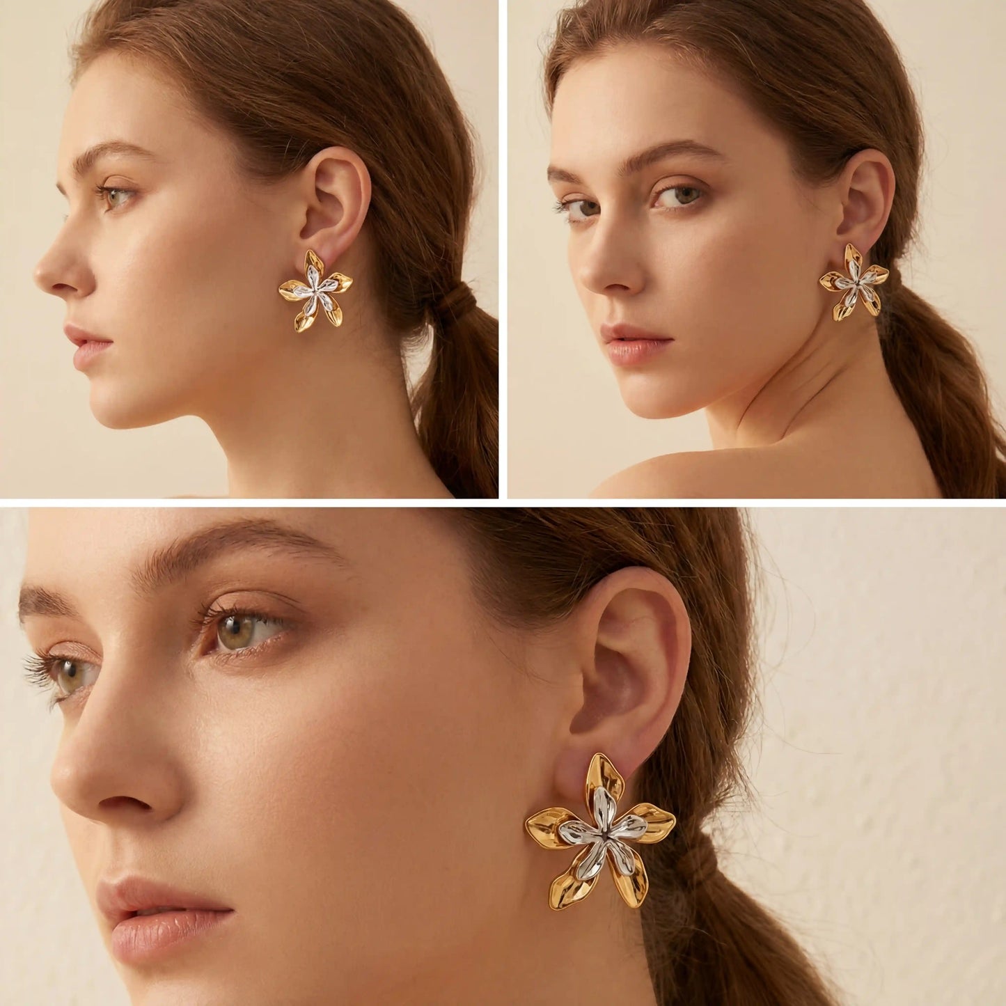 Lifestyle collage of woman wearing large gold floral statement earrings elegant look.