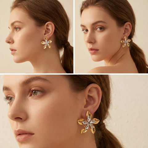 Lifestyle collage of woman wearing large gold floral statement earrings elegant look.