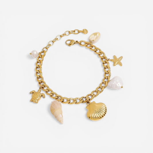 Gold curb chain bracelet with sea shell starfish and pearl charms waterproof jewelry.