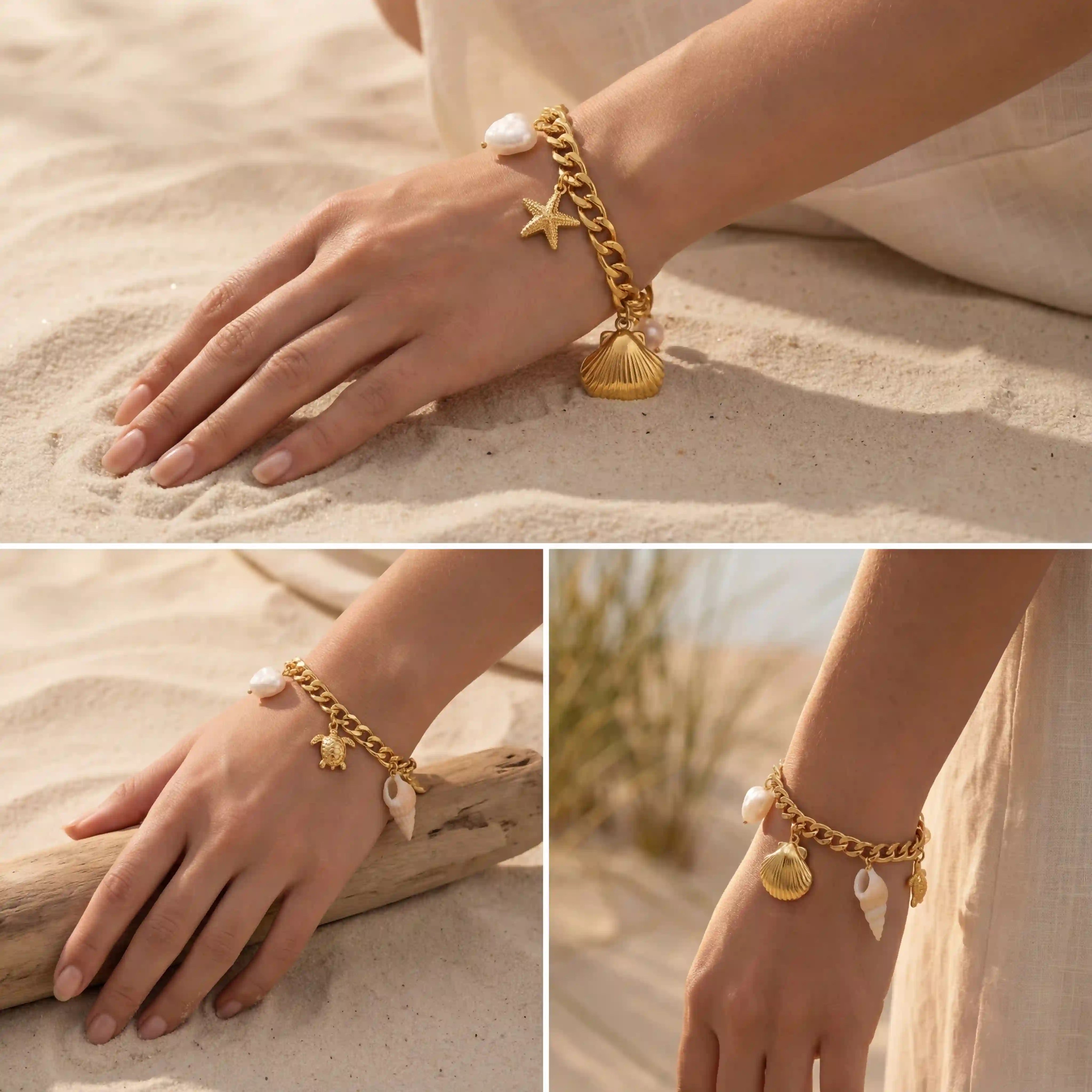 Lifestyle collage of woman wearing summer vacation jewelry gold shell charm bracelet on beach.
