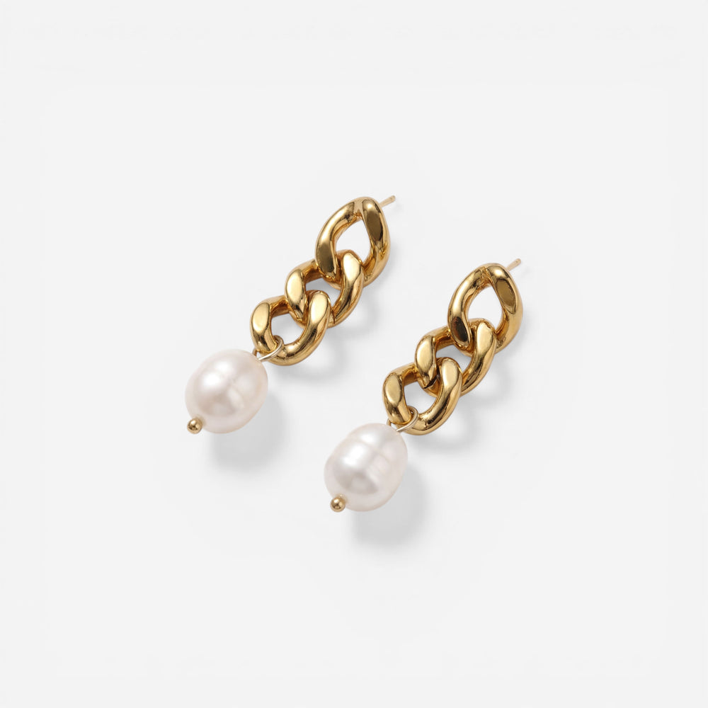 Pair of gold curb chain stud earrings with natural freshwater pearl drop waterproof jewelry.