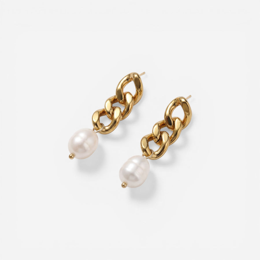 Pair of gold curb chain stud earrings with natural freshwater pearl drop waterproof jewelry.