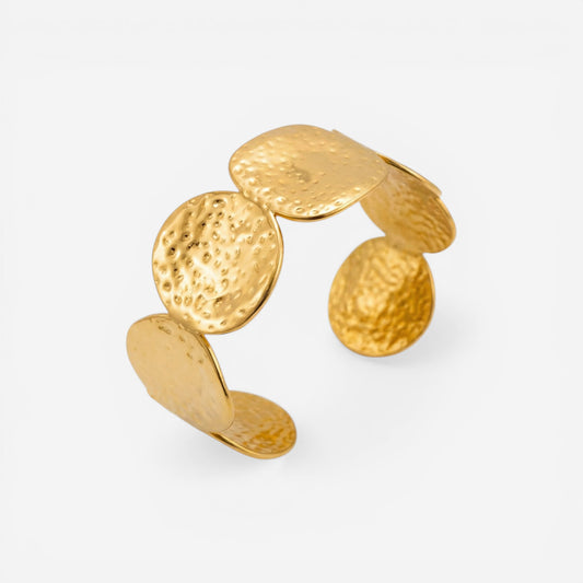 Organic hammered disc cuff bracelet gold stainless steel waterproof jewelry.