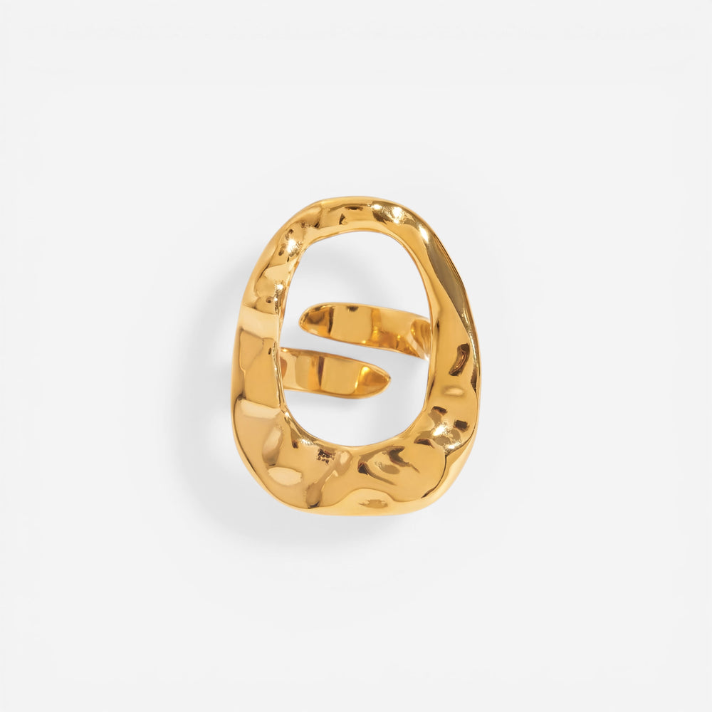 Abstract hollow oval statement ring gold hammered texture stainless steel.