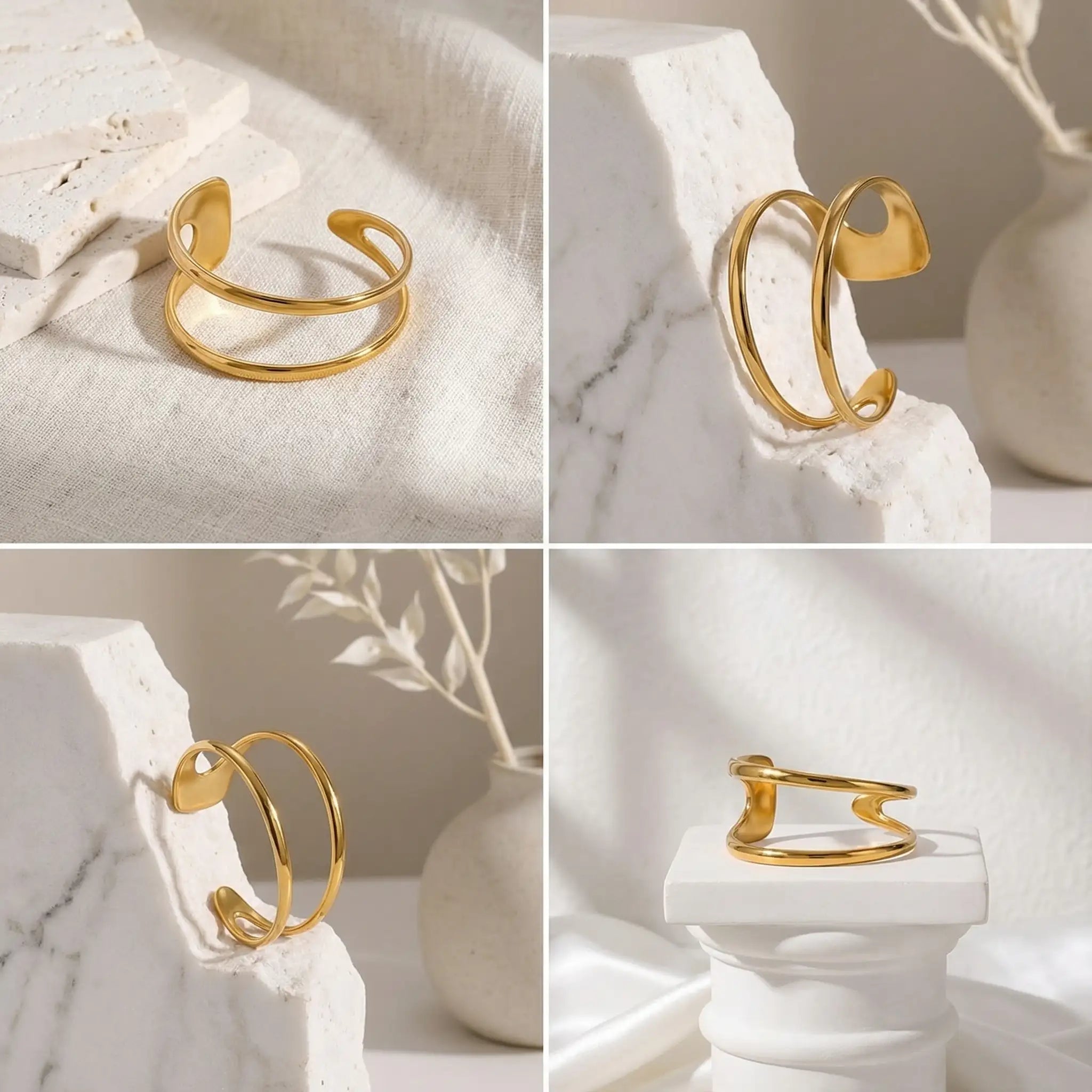 Aesthetic product photography collage of gold organic wave bangle on marble stone.