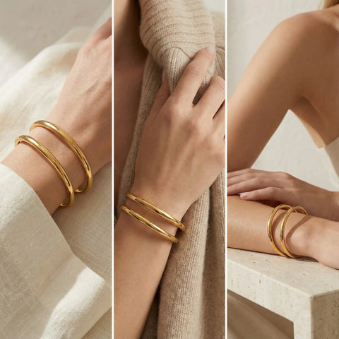 Lifestyle collage showing gold architectural bangle from multiple angles.