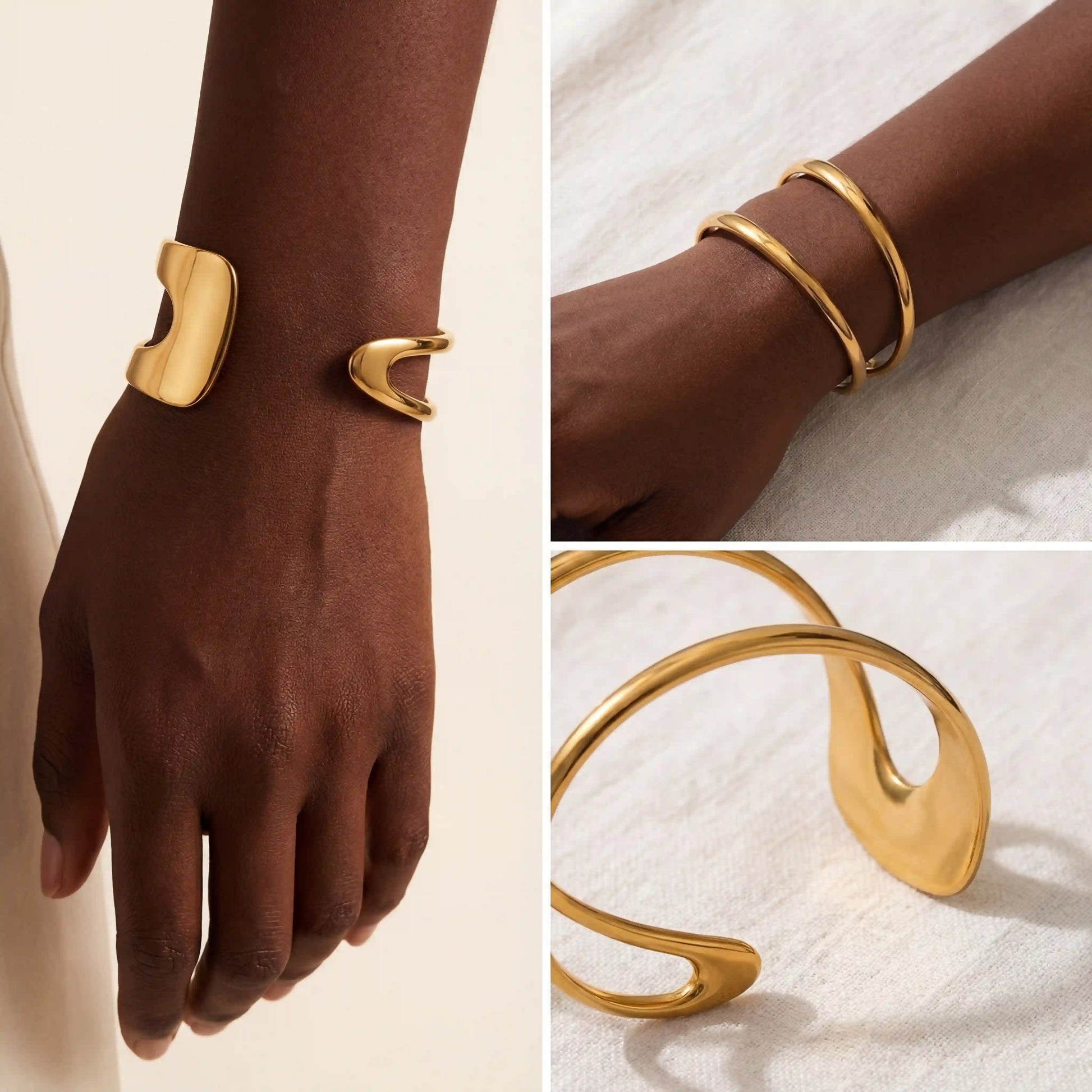 Fashion photography collage of a gold double wave bangle on dark skin model.