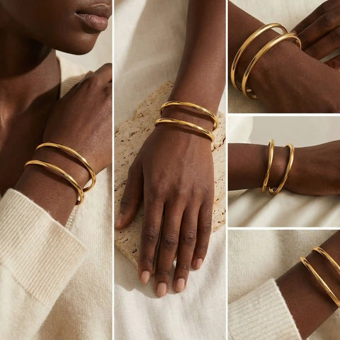 Fashion photography collage of gold double wave bangle on dark skin model.