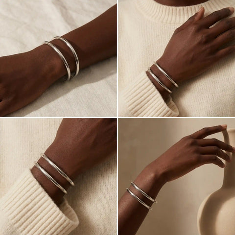 Silver stainless steel statement cuff styled on dark skin model collage.