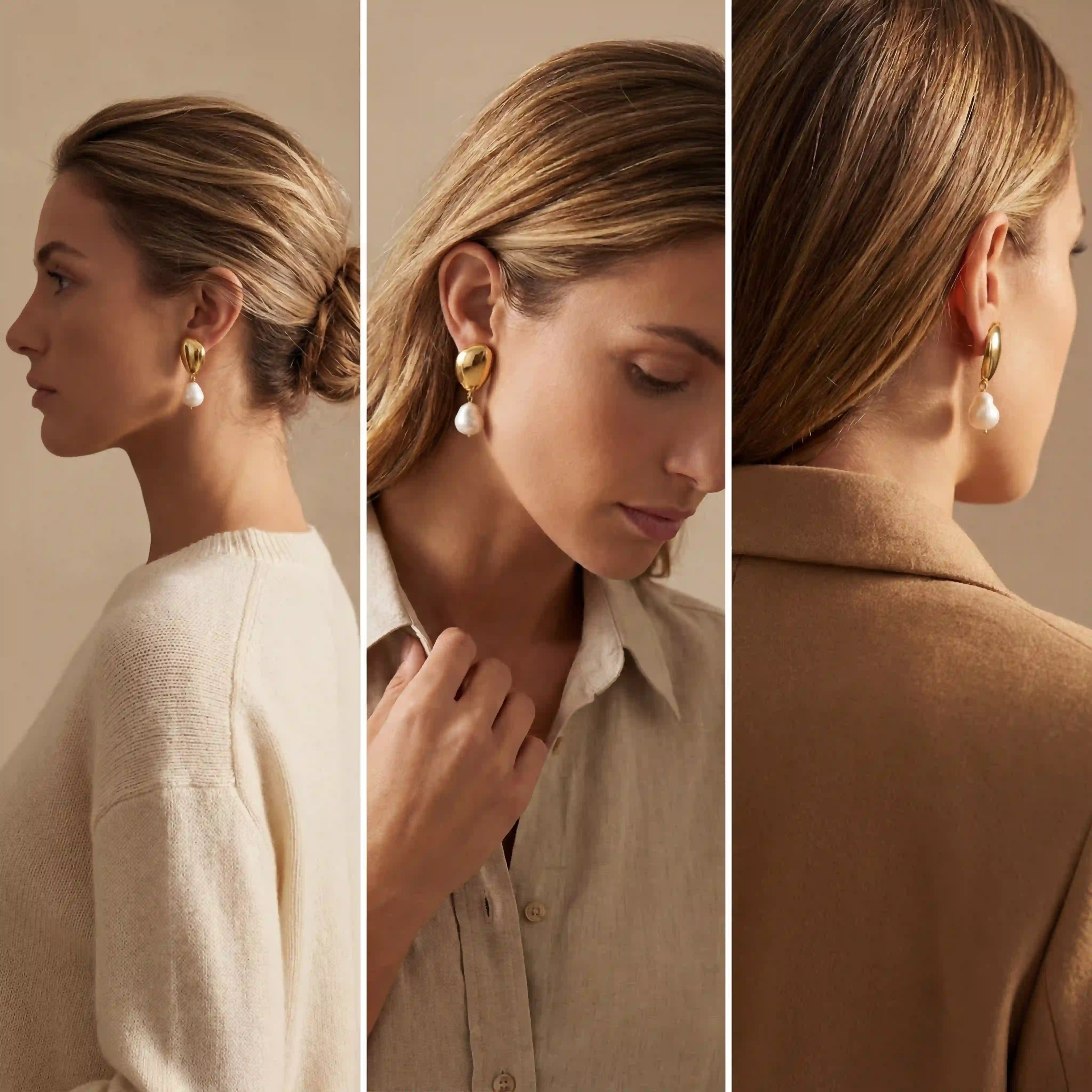Lifestyle collage of modern baroque pearl drop earrings side and back profile.