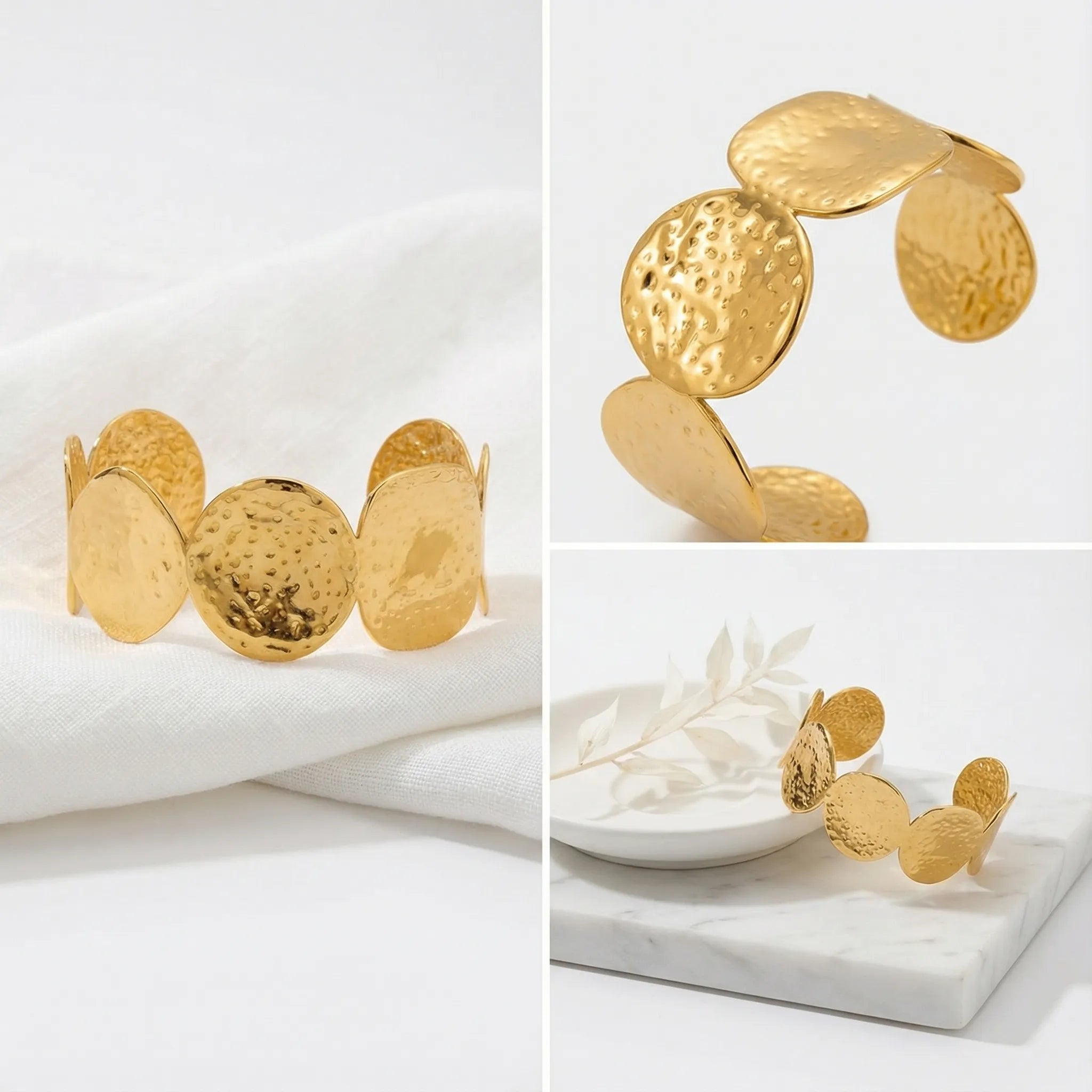 Aesthetic photography collage of vintage style gold disc bracelet on white stone.
