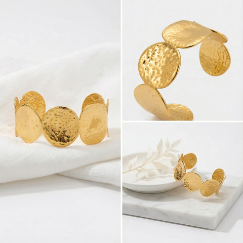 Aesthetic photography collage of vintage style gold disc bracelet on white stone.