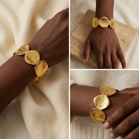 Fashion photography collage of gold disc statement bangle on dark skin model.