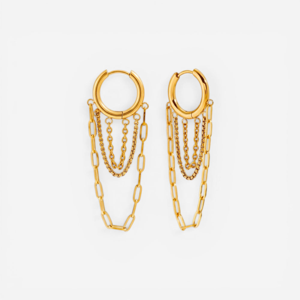Gold huggie hoop earrings with cascading chain fringe waterproof stainless steel.