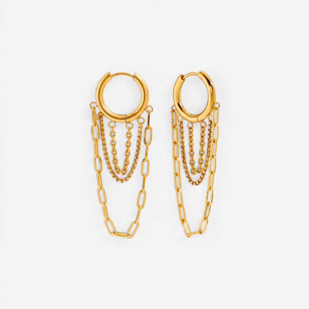 Gold huggie hoop earrings with cascading chain fringe waterproof stainless steel.