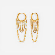Gold huggie hoop earrings with cascading chain fringe waterproof stainless steel.