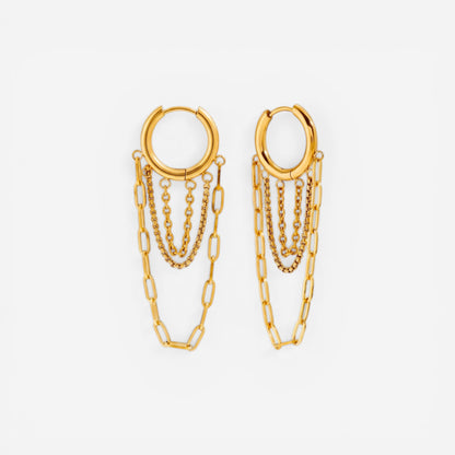 Gold huggie hoop earrings with cascading chain fringe waterproof stainless steel.
